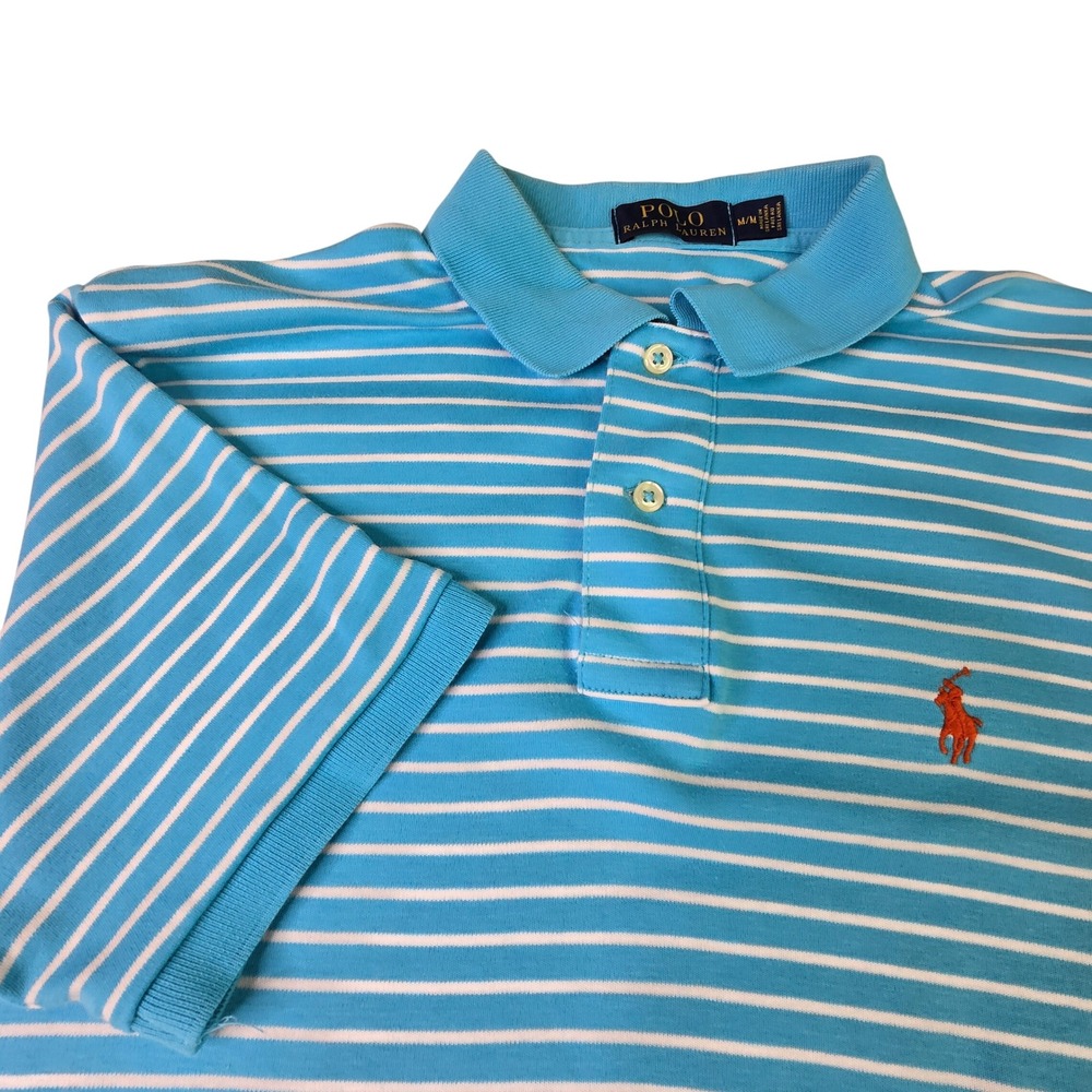 Polo Ralph Lauren Mens Medium Blue White Striped Short Sleeve Polo Shirt Cotton